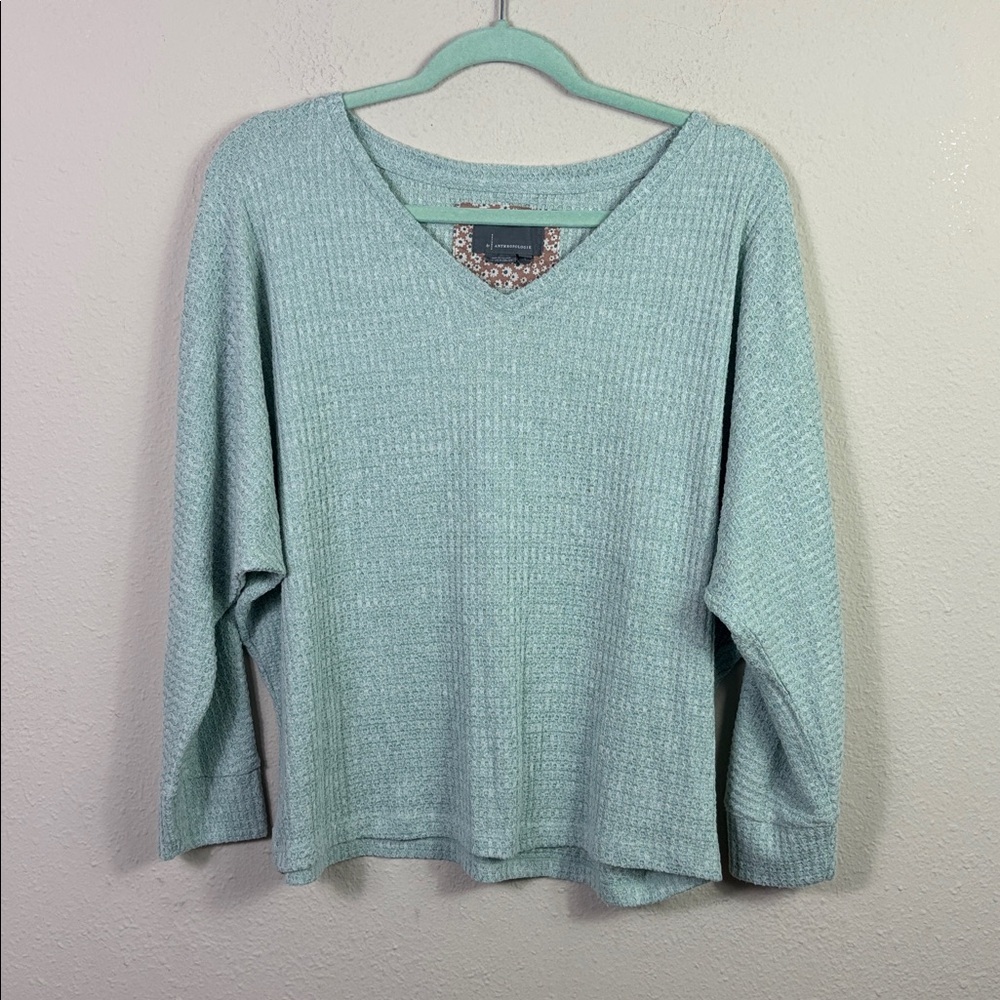 Anthropologie Waffle Knit Textured‎ Long Sleeve Tee Sweater Mint Green sz Large